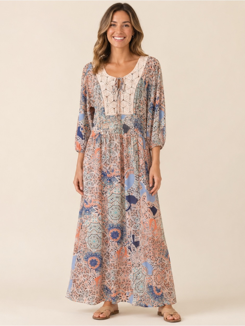 Daniel Rainn Size S Boho Crochet Bib Lined Maxi Dress